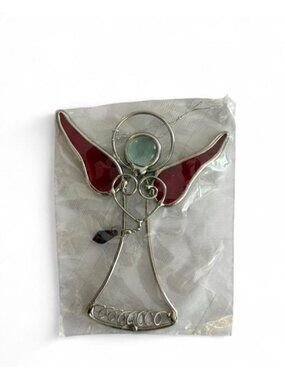 Vintage Stained glass angel with red wings and silver wire frame